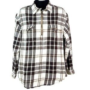 Jones New York Sport Womens Plaid Flannel Shirt M Black Beige  Half-Zip